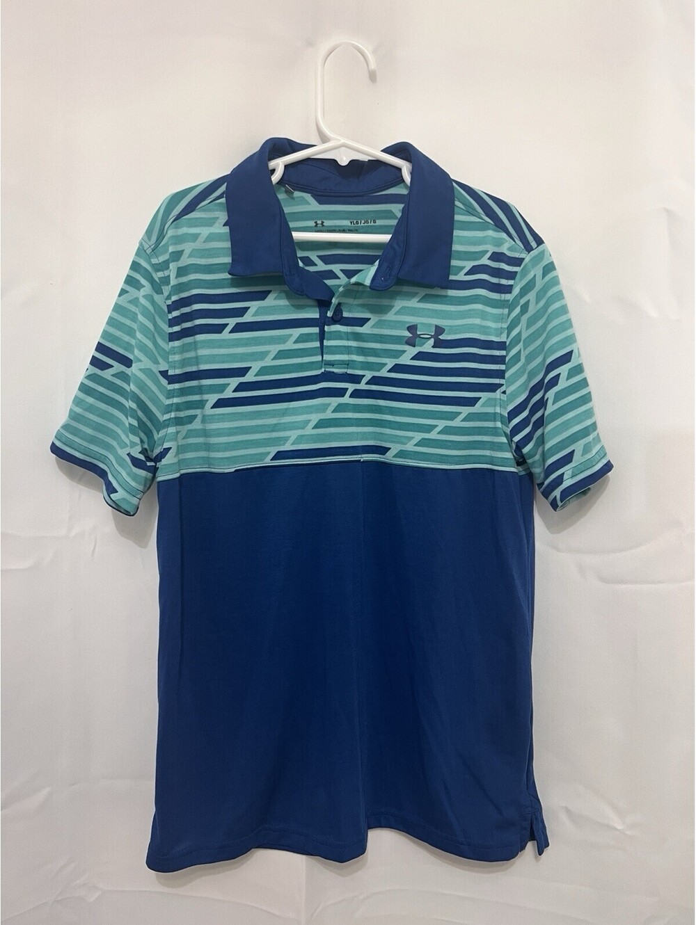 Under Armour Boys Youth Large Loose Golf Polo Shirt Blue Teal Geometric HeatGear